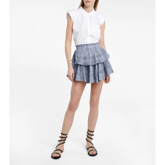 LoveShackFancy Gray Cotton Mini Skirt with Pleated Tiers Ruffles and Lace Trim